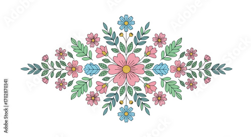 Stylized Floral Arrangement with Delicate Pink and Blue Blossoms on a White Background, Centered Design with Botanical Elements, Detailed Leaves and