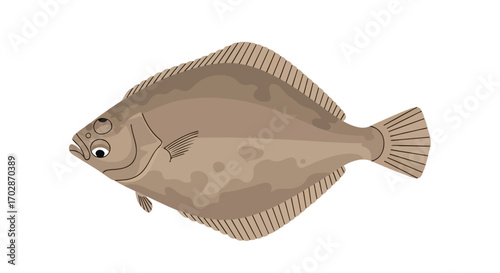 Whimsical Flatfish Illustration with Cartoonish Details Perfect for Educational Resources or Children's Books or for Designing Sea-Themed Stickers