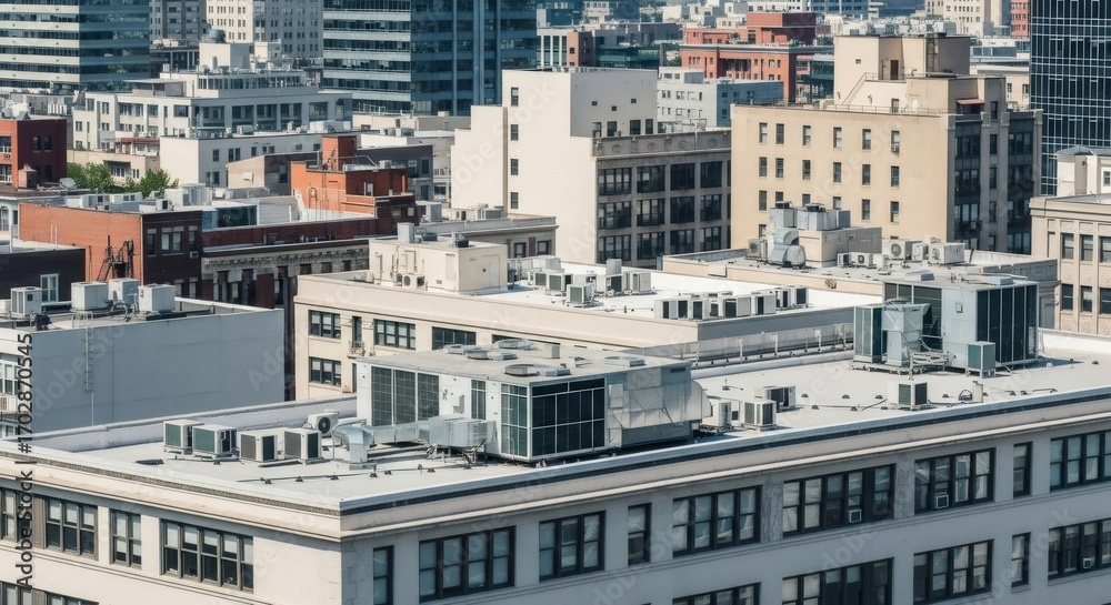 Fototapeta premium Rooftops with ventilation and air conditioning systems on buildings. HVAC technology for urban comfort and climate control.