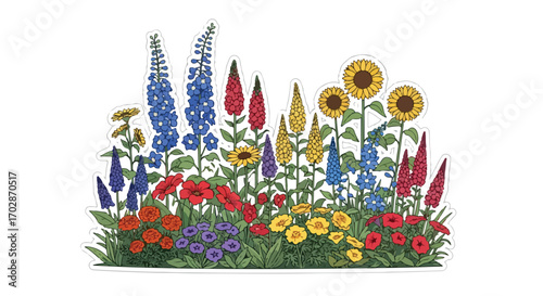 Delightful hand-drawn wildflower garden teeming with sunflowers, delphiniums, and a mix of blossoms, evoking a serene and vibrant feel