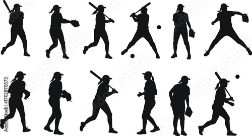 Female softball silhouettes, woman playing baseball, batting and pitching, sports action poses, athletic girl in cap, throwing ball, hitting stance, black vector illustration