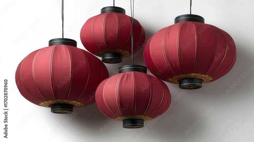 Obraz premium Four intricately designed red lanterns hang gracefully against a neutral background, offering a vibrant and festive touch, Ideal for themes of celebration, culture, or Asian decor,
