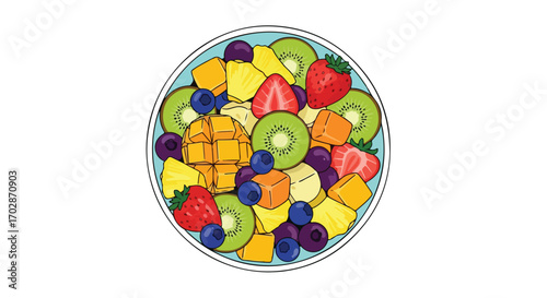 Vibrant assortment of mixed fruits in a circular bowl, a colorful and refreshing illustration showcasing healthy eating and delicious flavors