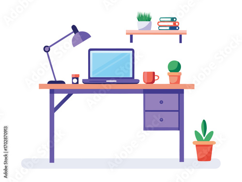 Minimalist home office setup with desk laptop lamp plants and books for productivity
