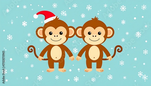 Two cheerful monkeys in Santa hats, amidst snowflakes