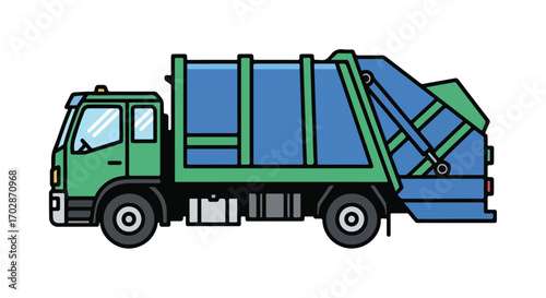 Illustration of a colorful garbage truck representing waste management and environmental services with vibrant hues and clean lines