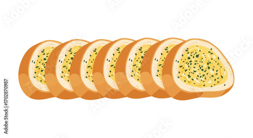 Delicious garlic bread slices arrangement on white background showcasing golden brown crust and flavorful herb topping