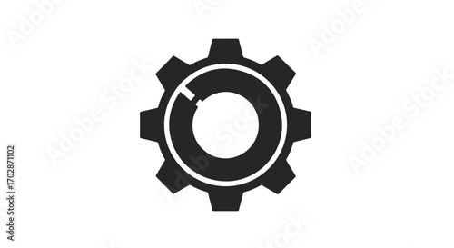 Black gear with missing segment against a pristine white background, a symbol of malfunction or iterative progress