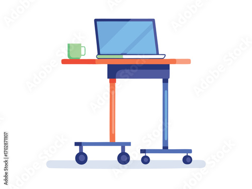 Modern mobile sit stand desk with laptop and cup for workspace ergonomics