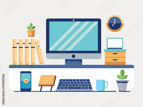 Modern home office setup featuring computer laptop books and desk accessories