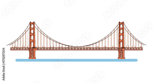 Illustration of a suspended bridge spanning a body of water with minimalist design aesthetics for travel promotions