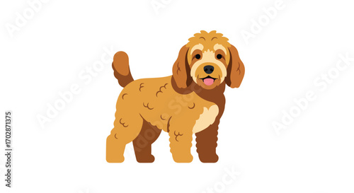 Illustration of a cheerful Goldendoodle dog with a wagging tail on a pristine white background showing its cute innocent nature