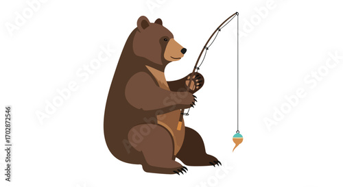 Cartoon depiction of a seated brown bear enjoying fishing with a fishing rod against a white background illustration