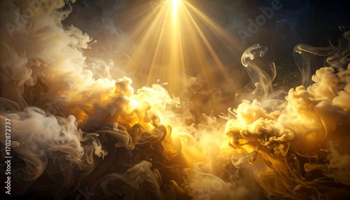 A celestial scene of ethereal light piercing through swirling, golden-toned smoke and mist against a dark backdrop