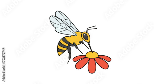 Cartoon illustration depicting a striped bee extracting nectar from a simple red and yellow flower on a white background