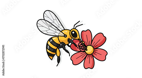 Cartoon depiction of a bee gathering nectar from a vibrant pink flower blossom with intricate detailing and bold outlines for children illustration