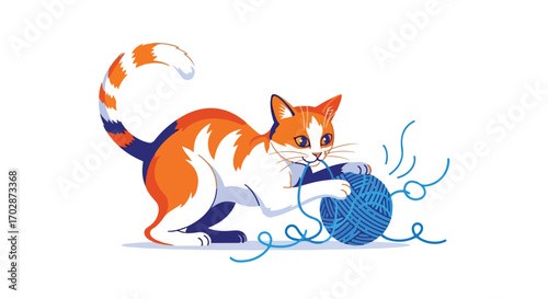 Playful tabby cat illustration, engrossed in a blue yarn ball, whimsical feline art portraying joyous innocence, charming cartoon domestic cat,