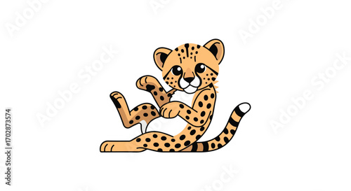 Playful cartoon cheetah cub lounging on its back with whimsical and cute spotted markings against a pristine white canvas background