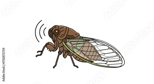 Illustration of a cicada emitting sound waves, characterized by its intricate wing patterns and detailed anatomical features depicted on a plain