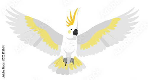 Vibrant depiction of a cockatoo in flight with outstretched wings showcasing its white plumage and yellow accents against a plain background