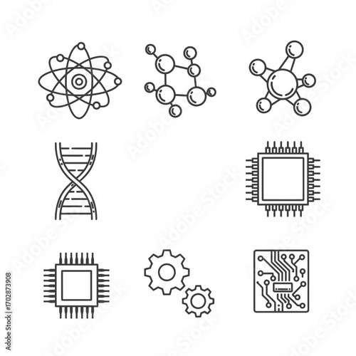 Nanotechnology microengineering icon set in line art style on transparent background