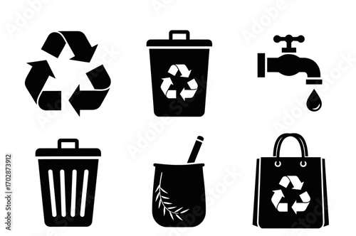 Reduce, Reuse, Recycle icon set in minimalist black style on transparent background