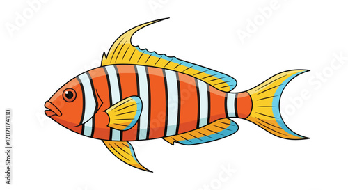 Stylized depiction of a vibrant clownfish illustration with detailed line work and color contrasts for children educational material