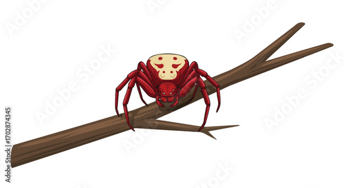 Crimson Spider on a Branch: A Detailed Arachnid Illustration with White Skull-like markings on its back arachnid