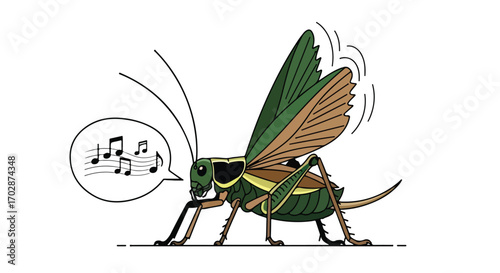 Singing Grasshopper Illustration: A whimsical depiction of a grasshopper creating music notes through the motion of its wings in a cartoon style