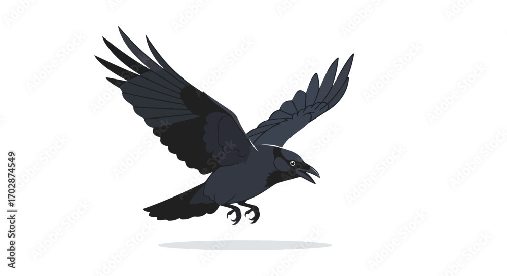Naklejka premium Isolated drawing of a crow in mid-flight, its wings spread wide against a stark white background, providing striking contrast and visual clarity