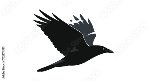Detailed illustration of a raven gliding through the air, with a focused gaze and outstretched wings conveying freedom and grace of animal