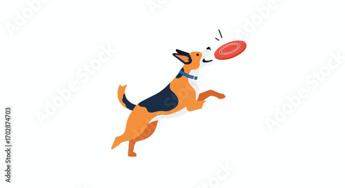 Animated dog catching a frisbee, capturing the exuberance and playful spirit of a canine athlete in a clean, modern design portraying joy