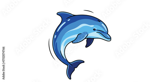 Cartoon illustration showcasing an animated blue dolphin leaping joyfully against a pristine white background, creating vibrant marine life