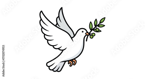 A pristine white dove gracefully soars, bearing an olive branch, emblem of harmony, peace, and reconciliation symbol of hope for serenity and
