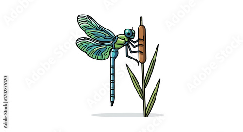 Illustration of a dragonfly perched on a cattail stalk against a clean white backdrop adding a sense of minimalist serenity and natural harmony