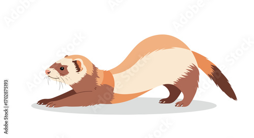 Cartoon ferret stretching gracefully on a white background, showcasing its long body and playful posture that is both adorable and dynamic