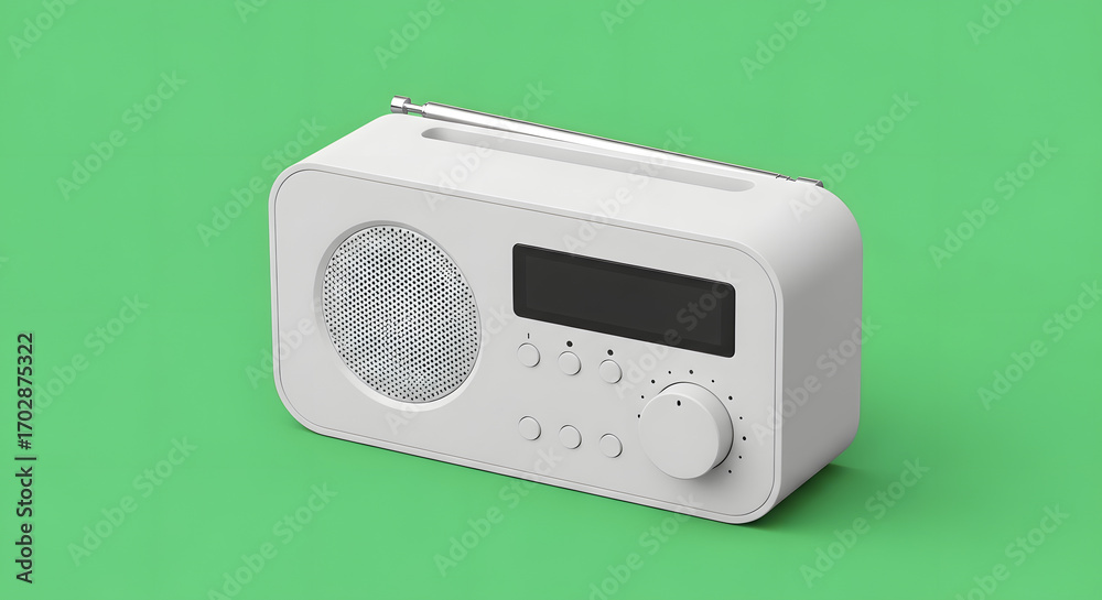 Fototapeta premium White retro radio on green background.