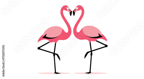 Charming flamingo couple creating a heart shape with their necks symbolising love and affection on a pristine white backdrop