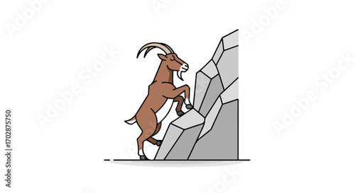Illustrated mountain goat navigating a rocky cliff face, symbolizing persistence and challenge with its determined upward climb 150 characters