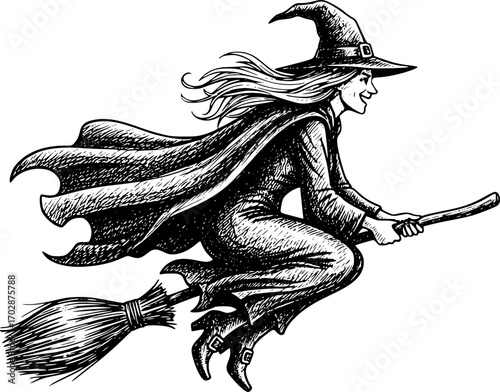 Sketched Silhouette set of a witch flying on a broomstick isolated background