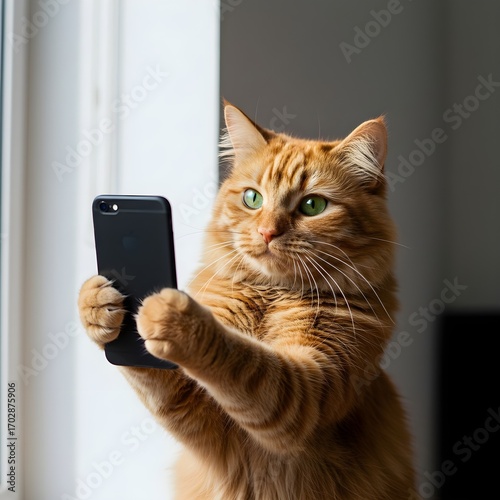 Funny cute cat holding a smartphone like taking a selfie, adorable pet photography concept, social media animal portrait.