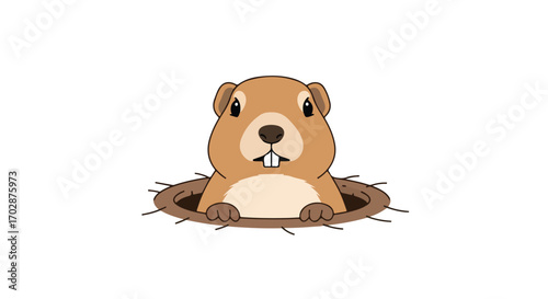 Whimsical Groundhog Day Illustration: A Cartoon Groundhog Emerging from its Burrow on a White Canvas