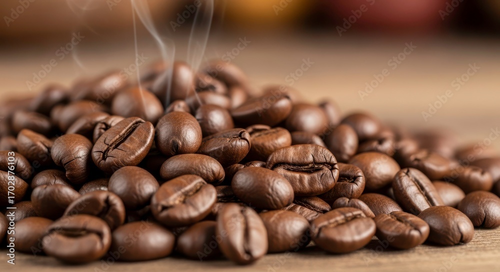 Obraz premium Close up shot of a pile of roasted coffee beans with visible smoke on a wooden table