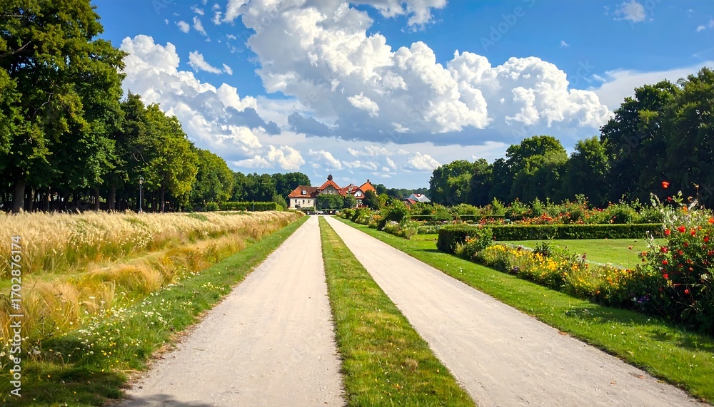Fototapeta premium Majestic Castle Pathway: Discovering a Beautiful Estate Garden View