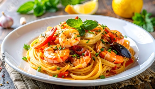 A plate of spaghetti with seafood and tomato sauce
