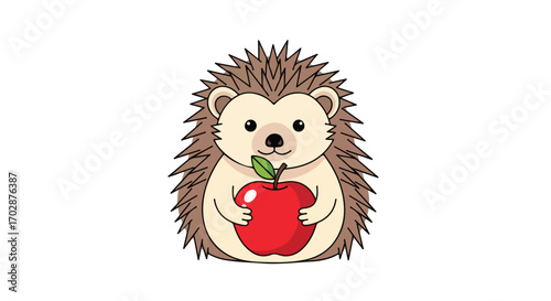 Adorable hedgehog illustration holding a bright red apple on a pure white background creating a simple and charming image for various creative