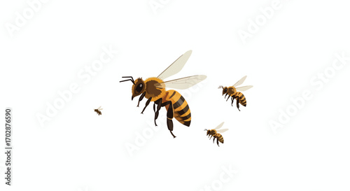 Stylized honeybees in flight against a clear background, portraying an artificial view of an industrious hive colony operation