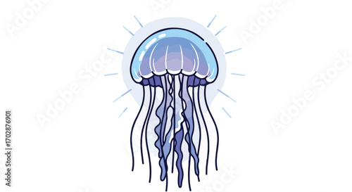 Stylized illustration of a jellyfish with translucent bell and flowing tentacles radiates ethereal blue light against white backdrop