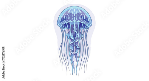 Elegant watercolor illustration of a jellyfish floating serenely against a white backdrop, highlighting its ethereal beauty and delicate form