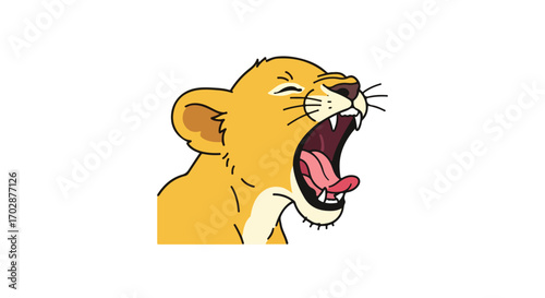 Cartoon lion cub yawning expansively, showcasing its playful nature in a simple style illustration
